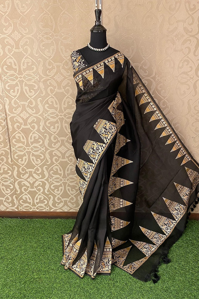 Black Organza Printed Saree With Pita Zari Border, With Unstiched Blouse