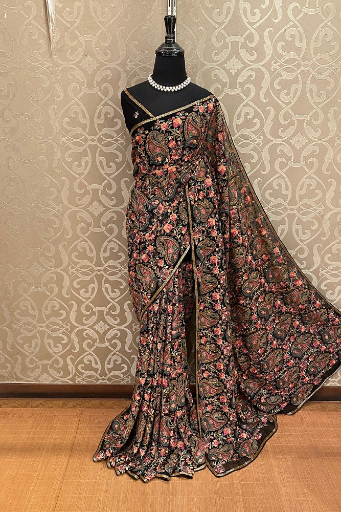 Black Georgette Saree With Kashmiri Work, With Unstiched Blouse