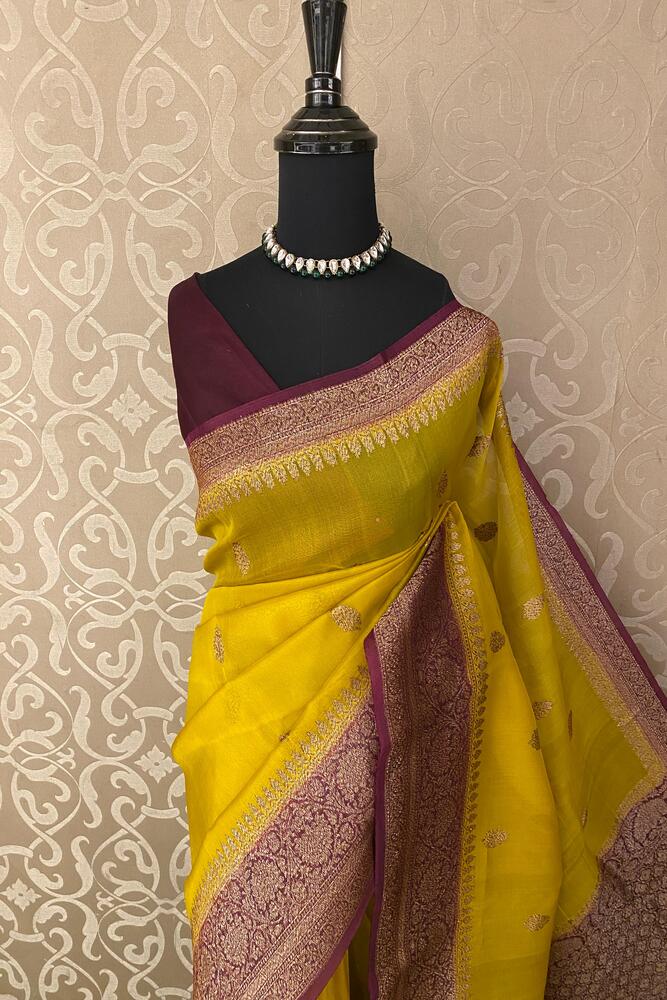 Yellow Kora Banarasi Silk Saree, With Unstiched Blouse