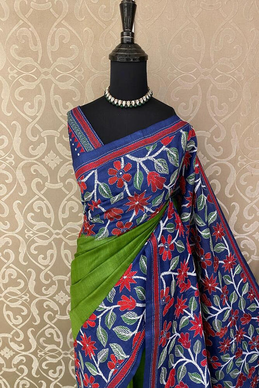 Light green Tussar embroidery saree with Kantha work border and unstitched blouse, traditional wear from Saarang Sarees.