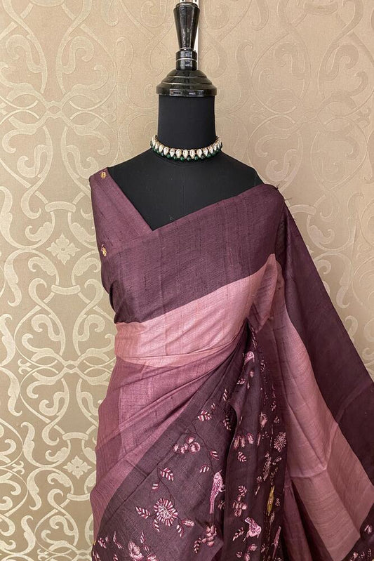 Purple Tussar Resham embroidery saree with matching unstiched blouse, traditional wear by Saarang Sarees, detailed embroidery pattern.