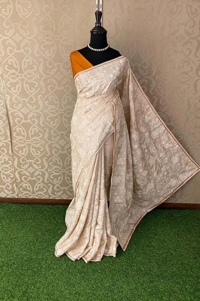 Off-White Tussar Thread Work Saree, With Unstiched Blouse