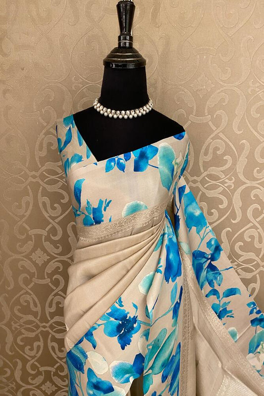 Beige Tussar Banarasi saree by Saarang Sarees featuring digital mashru border and intricate traditional weaving details.