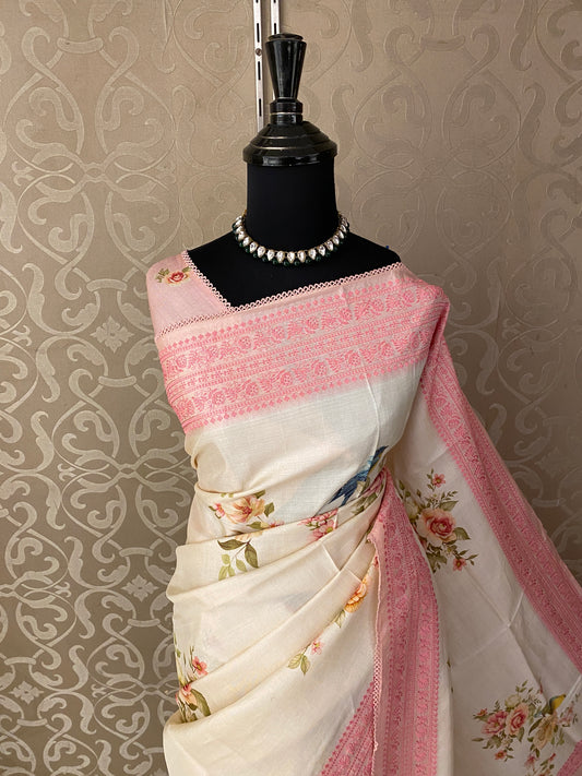 Off-White Tussar Resham Embroidery Saree, With Unstiched Blouse