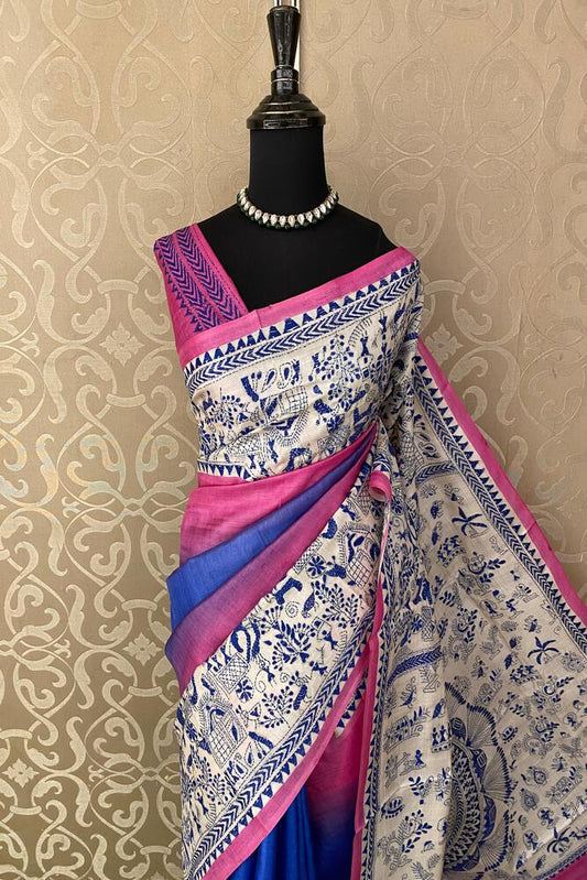 Pink & Blue Tussar Embroidery Saree With Kantha Work Border, With Unstitched Blouse