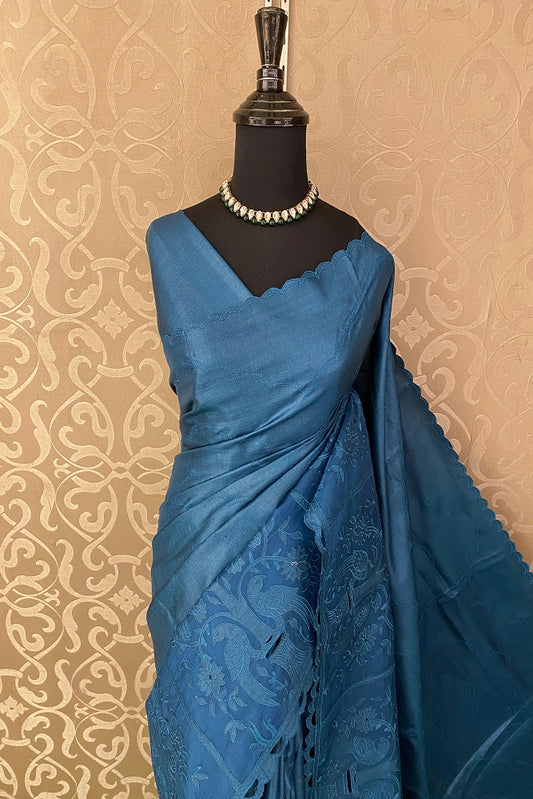 Royal blue tussar organza saree with applique border and matching unstiched blouse, ideal for party wear by Saarang Sarees.