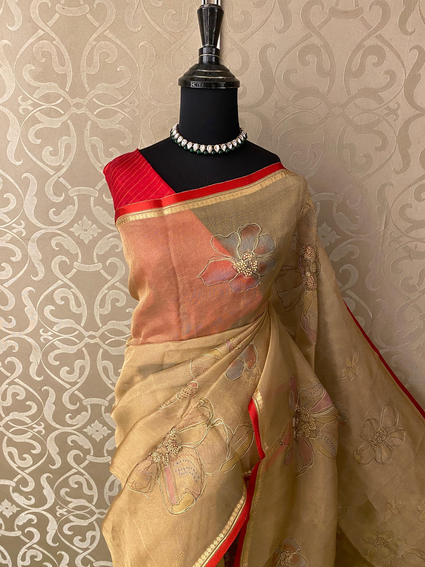 Golden Beige Tissue Organza Silk With Ari Work Saree, With Unstiched Blouse
