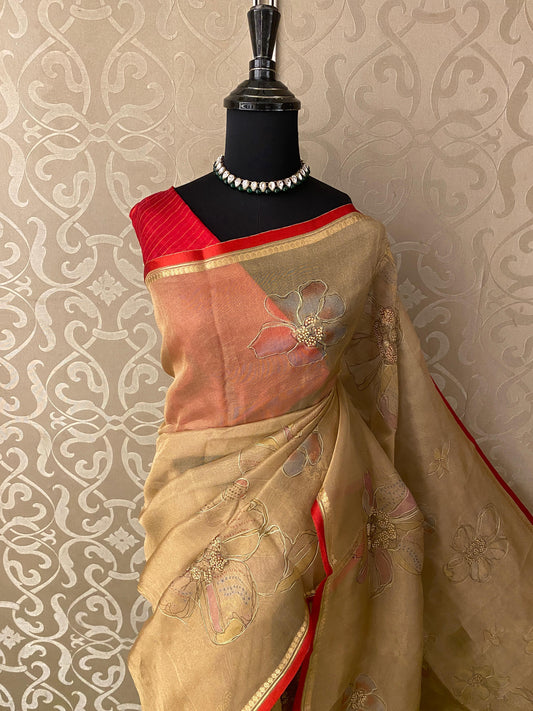 Golden Beige Tissue Organza Silk With Ari Work Saree, With Unstiched Blouse