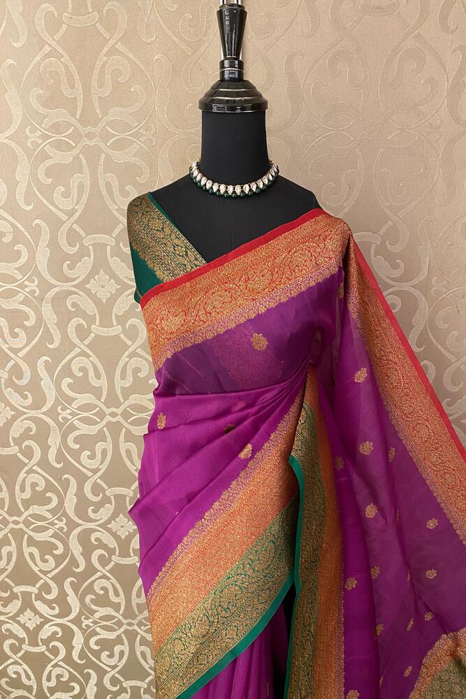 Purple Kora Banarasi Silk Saree With Hand Weaving Work, With Unstiched Blouse