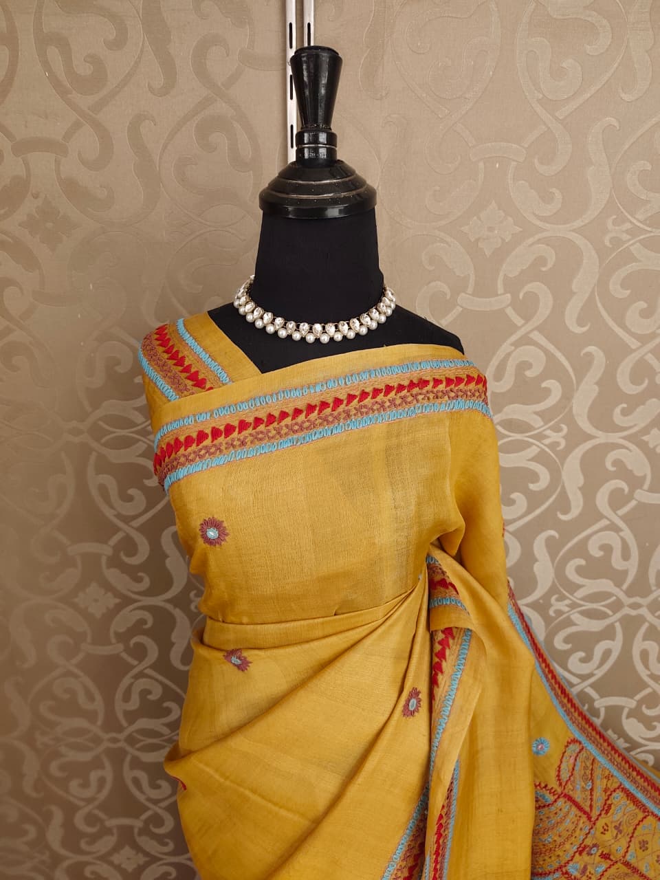 Mustard Yellow Tussar Embroidery Saree With Lambani Work Border, With Unstitched Blouse