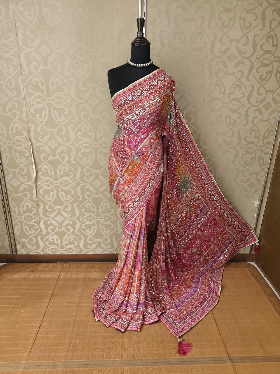 Rani & Multi Crepe Printed Stone Work Saree, With Readymade Blouse