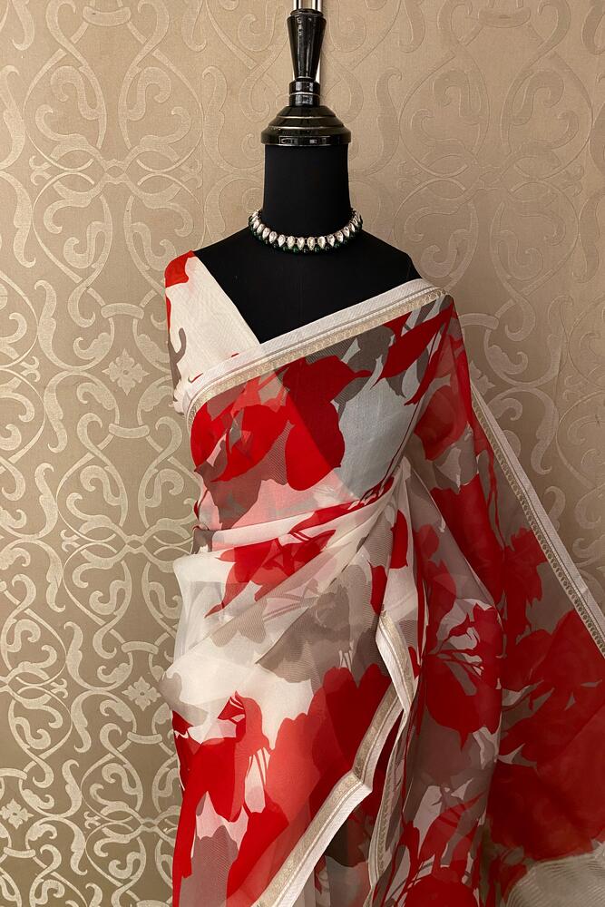 White & Red Floral Printed Organza Saree, With Unstiched Blouse