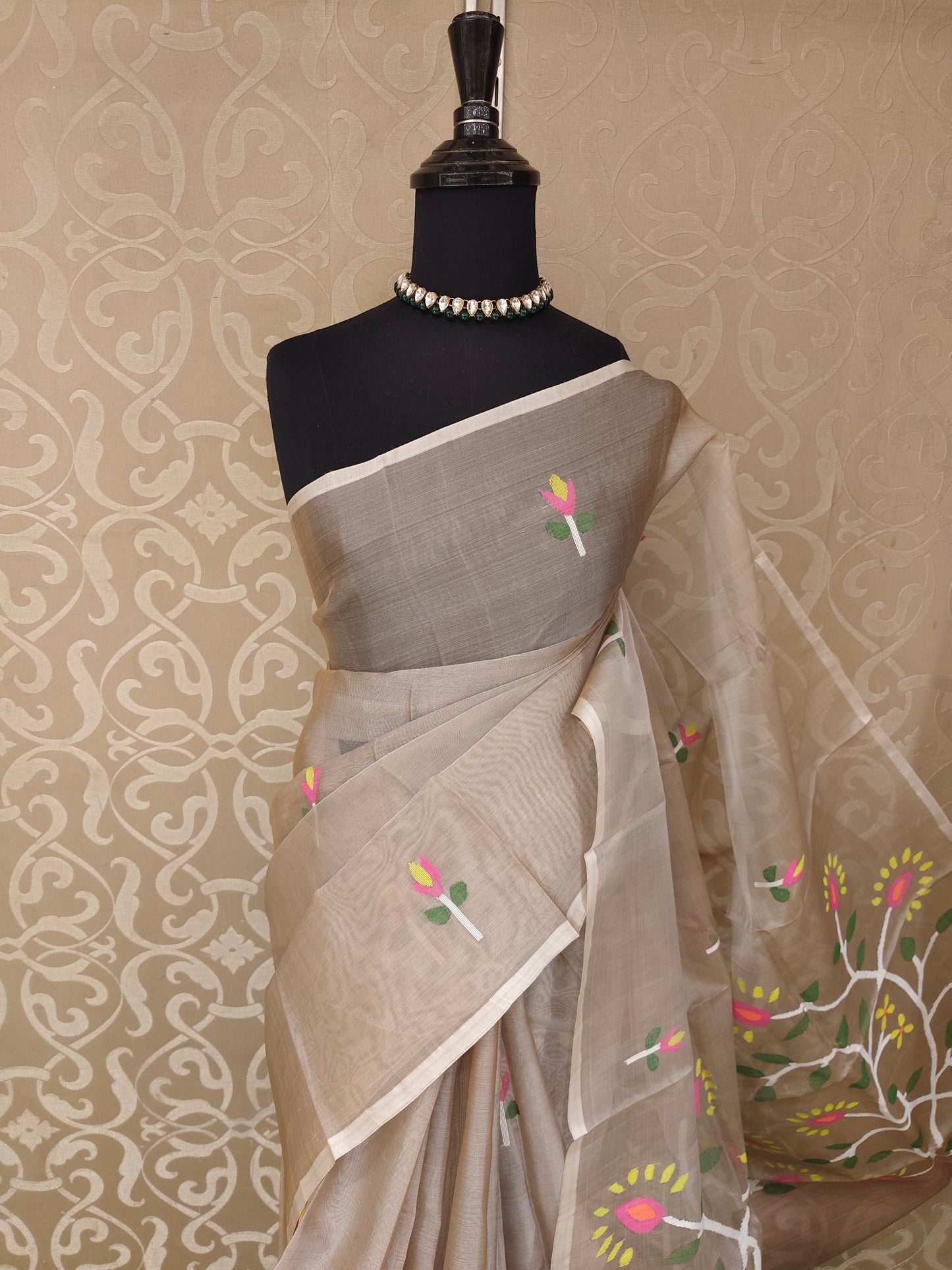 Light Brown Muslin Dhakai Saree, Without Blouse