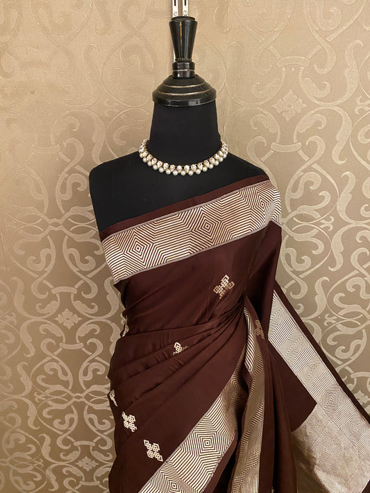 Deep Brown Mashru Silk Banarasi Handloom Saree, With Unstiched Blouse