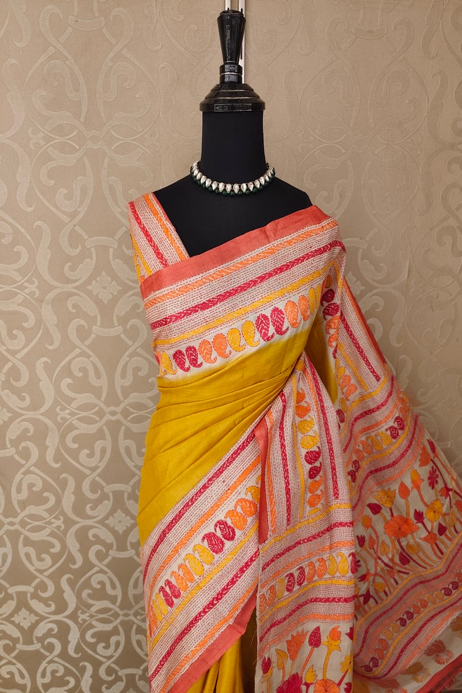 Mustard Yellow Tussar Embroidery Saree With Kantha Work Border, With Unstitched Blouse