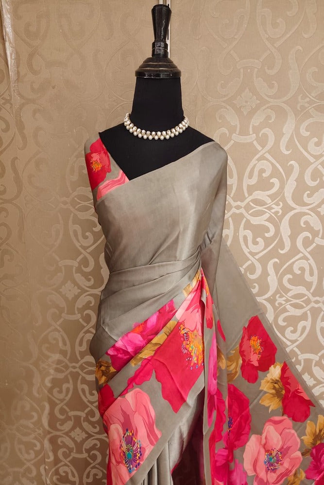 Grey & Multi Floral Printed Satin Crepe Saree, With Unstiched Blouse