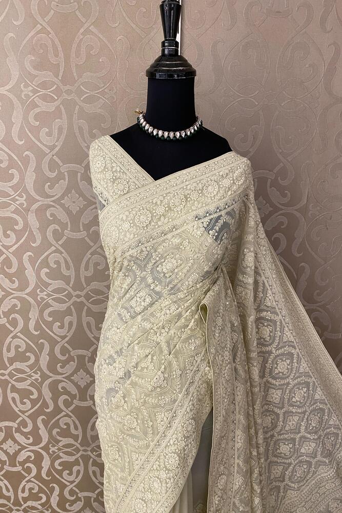 Off-White Georgette Chikankari Saree, With Unstiched Blouse