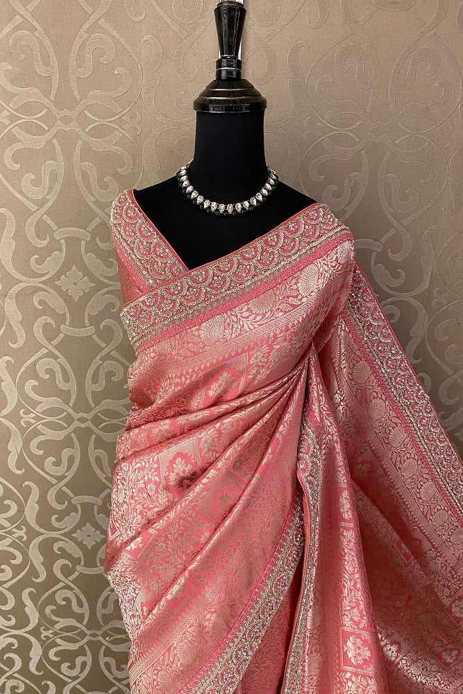 Pink Banarasi Silk Saree With Embroidery Border Work, With Unstiched Blouse