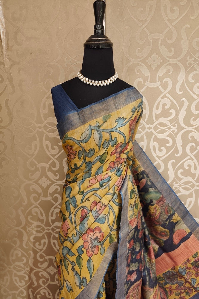 Mustard Yellow Tussar Kalamkari Printed Work Saree, With Unstiched Blouse