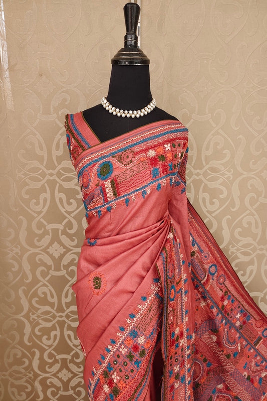 Peach Pink Tussar Hand Embroidery Work Saree, With Unstitched Blouse