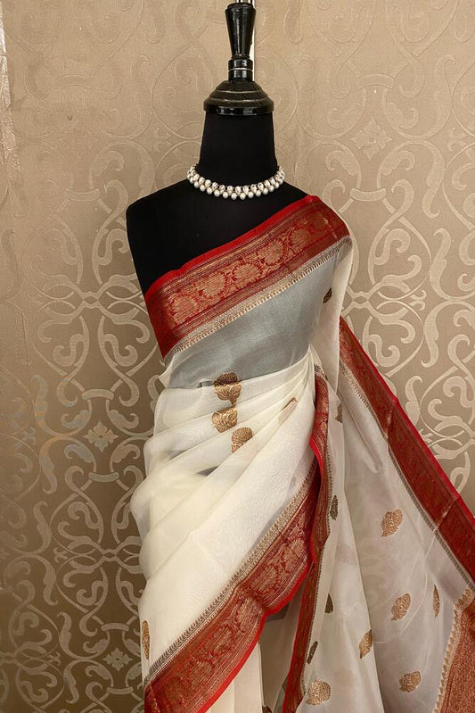 Off-White Kora Banarasi Silk Saree With Hand Weving Work, With Unstiched Blouse