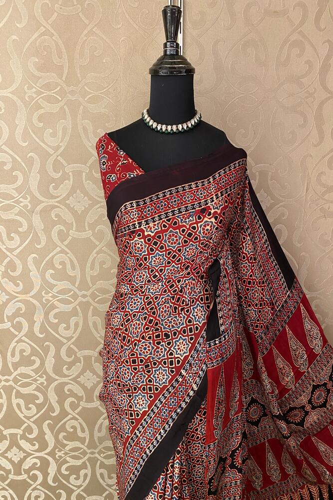 Maroon Pure Modal Silk Ajrakh Printed Saree With Unstiched Blouse