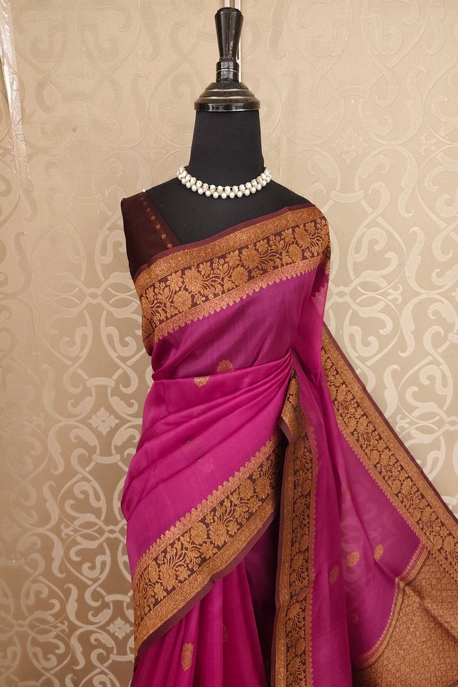 Rani Pink Kora Banarasi Silk Saree, With Unstiched Blouse