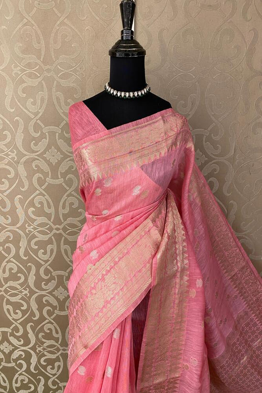 Pink Linen Banarasi Saree With Unstiched Blouse
