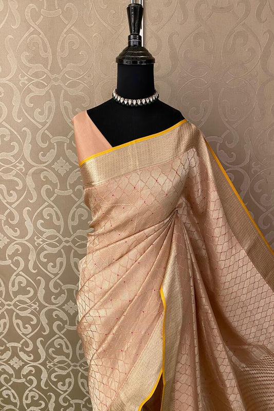 Peach Mysore Crepe Silk Banarasi Saree, With Unstiched Blouse