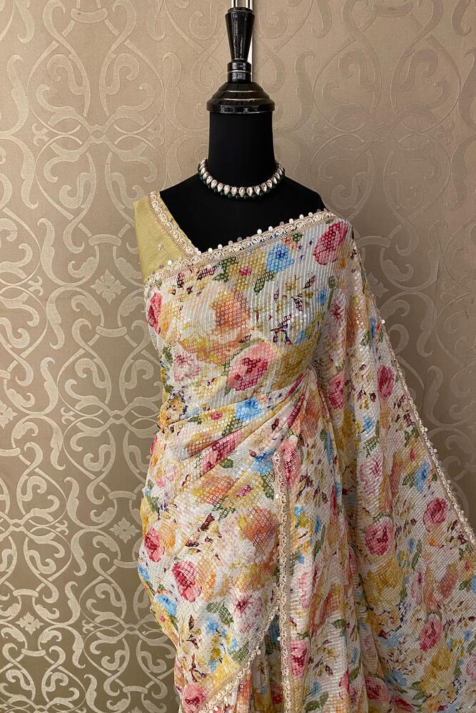 Multi Printed Georgette Sequin Saree, With Unstiched Blouse