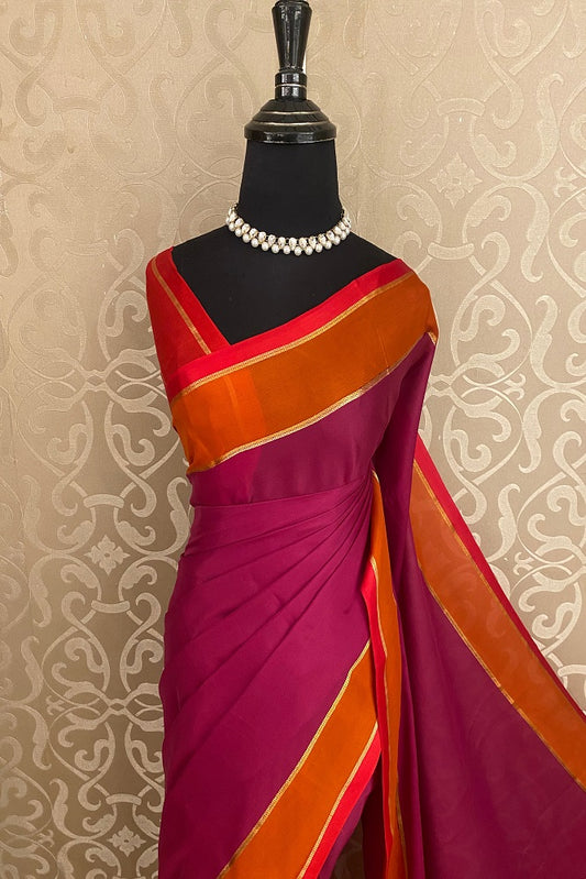 Wine Mysore Crepe Silk Saree With Unstiched Contrast Blouse