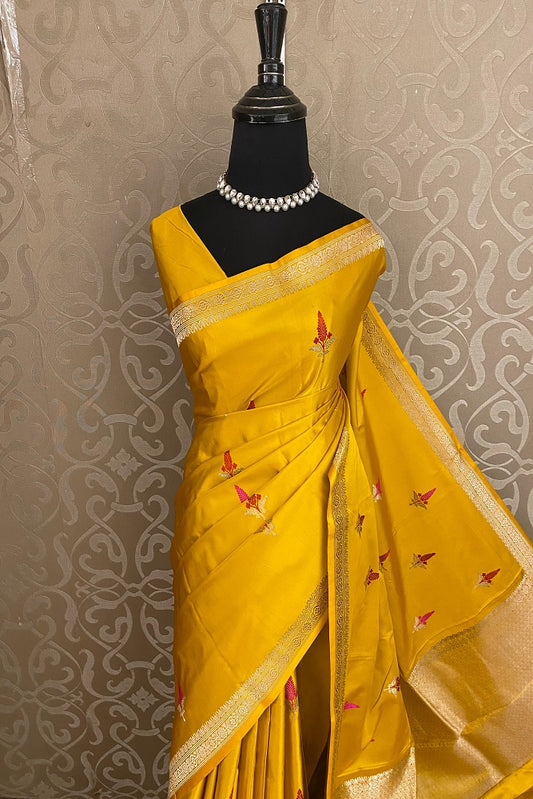 Mustard Yellow Katan Mashru Silk Banarasi Handloom Saree, With Unstiched Blouse