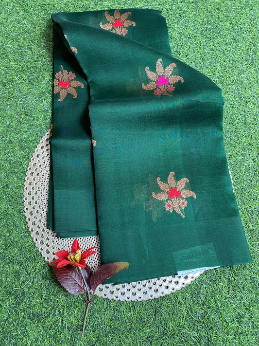 Deep Green Kora Banarasi Silk Saree, With Unstiched Blouse