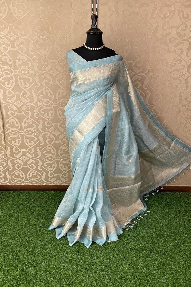 Sky Pure Linen Saree, With Unstiched Blouse