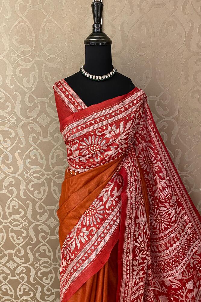 Copper Tussar Embroidery Saree With Kantha Work Border, With Unstitched Blouse