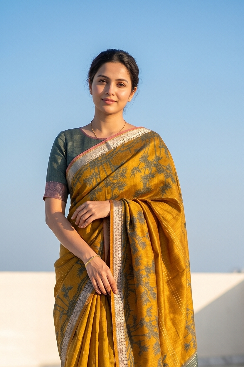 Mustard Yellow Printed Munga Silk Saree, With Unstiched Blouse