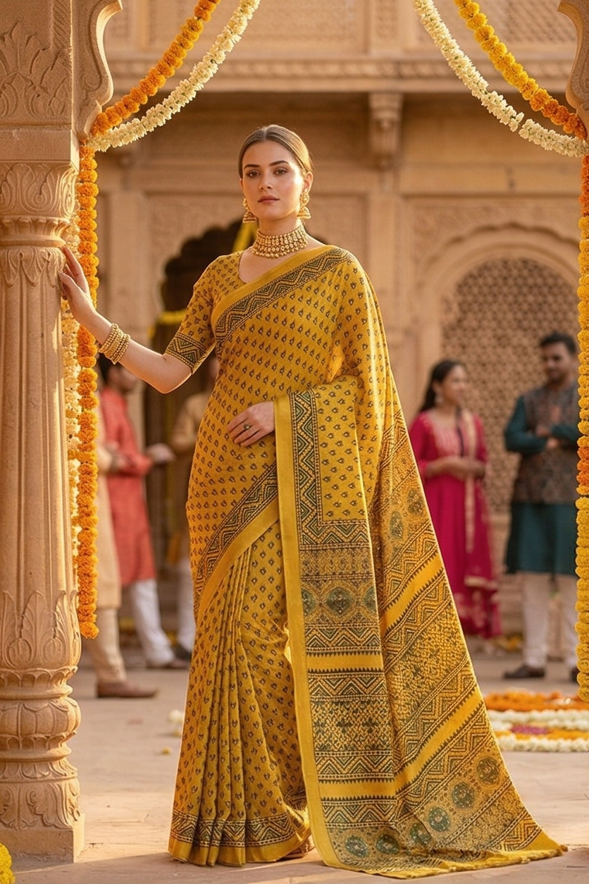 Yellow Pure Modal Silk Ajrakh Printed Saree With Unstiched Blouse