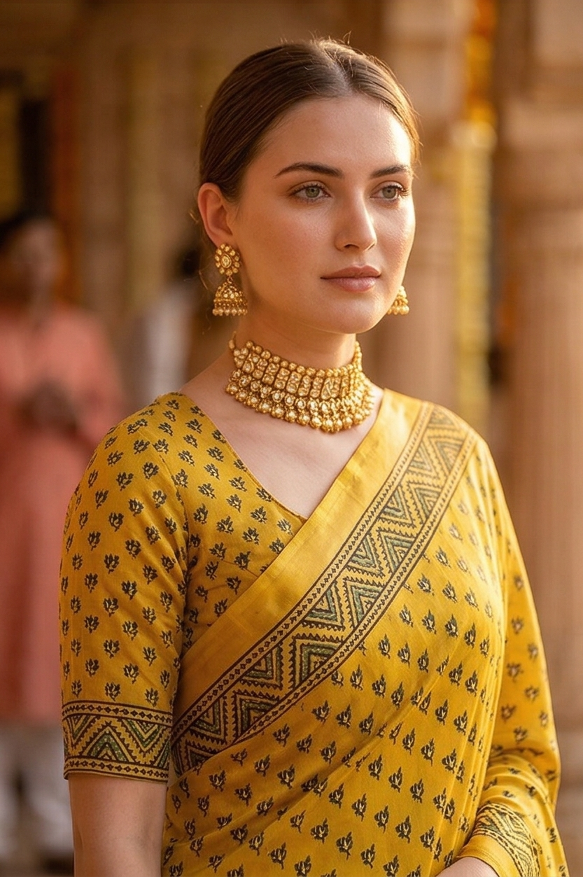 Yellow Pure Modal Silk Ajrakh Printed Saree With Unstiched Blouse