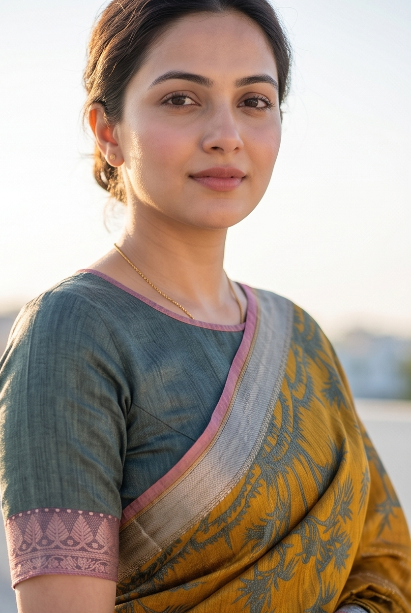 Mustard Yellow Printed Munga Silk Saree, With Unstiched Blouse