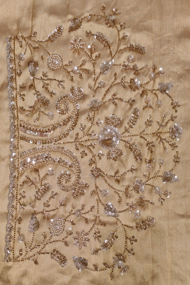 Golden Beige Tissue Kanjeevaram Silk Sarees With Embroidery Work, With Unstiched Blouse