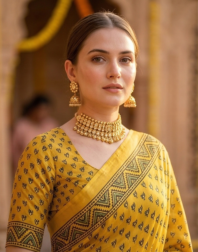 Yellow Pure Modal Silk Ajrakh Printed Saree With Unstiched Blouse