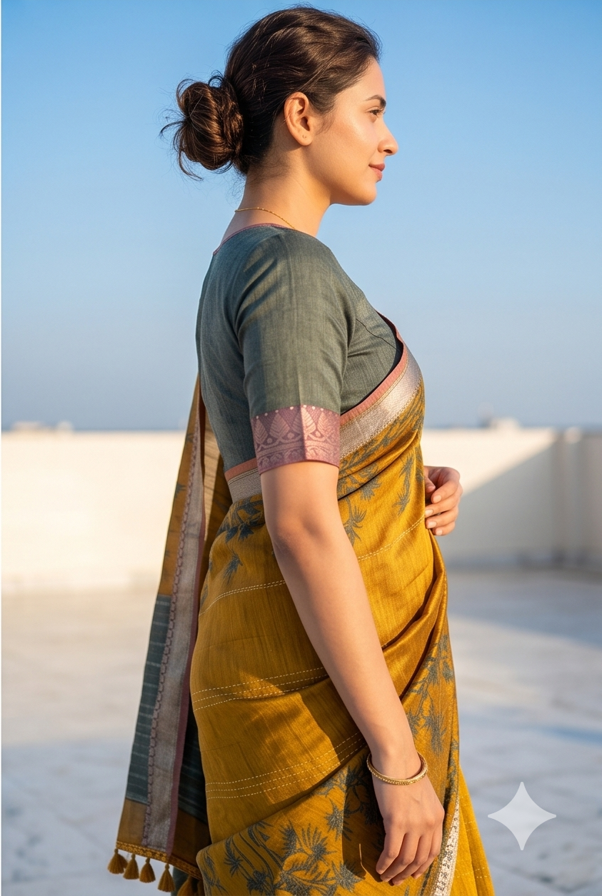 Mustard Yellow Printed Munga Silk Saree, With Unstiched Blouse