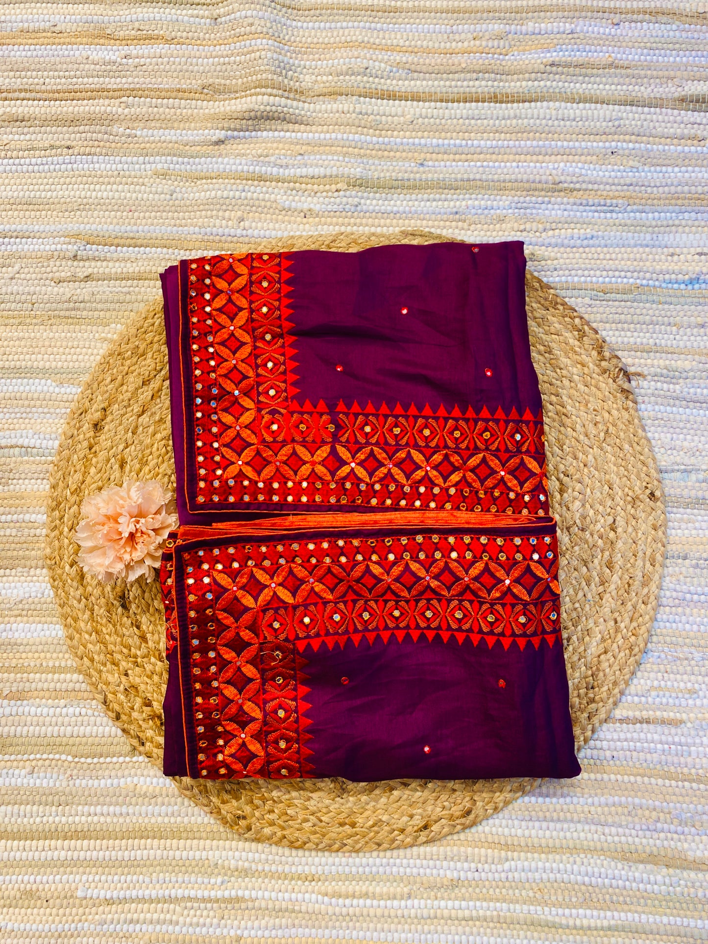Purple Semi Munga Silk Cross Stitch Embroidery Work Saree, With Unstiched Blouse