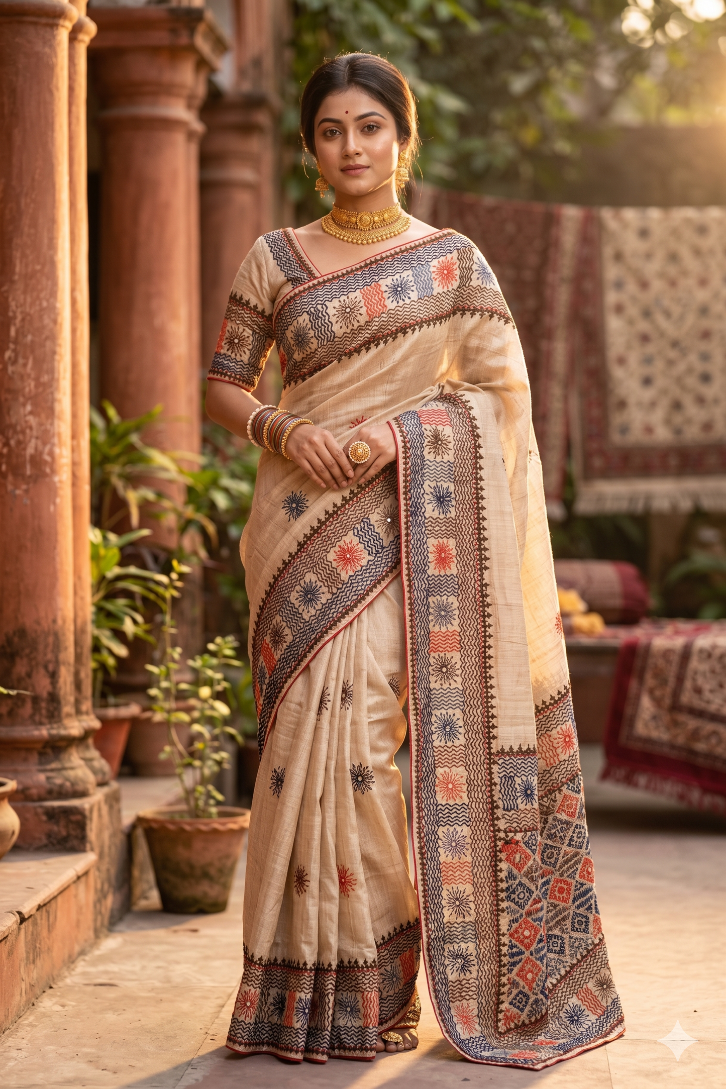 Beige Tussar Lambani and Kutch work saree with stitched blouse from Saarang Sarees, showcasing traditional embroidery and fabric details.