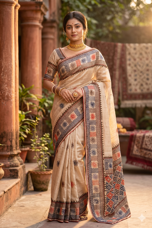 Beige Tussar Lambani and Kutch work saree with stitched blouse from Saarang Sarees, showcasing traditional embroidery and fabric details.
