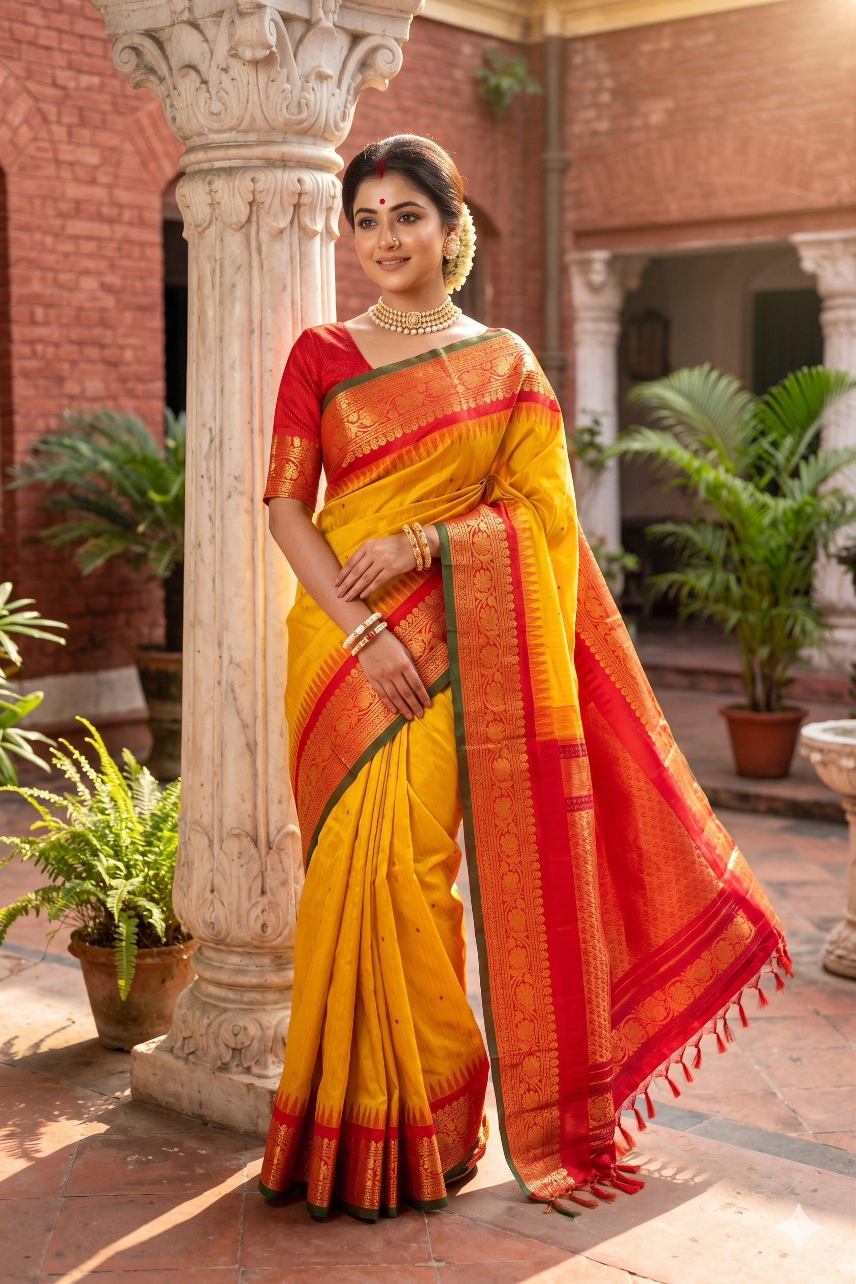Mustard yellow Gadwal silk saree with intricate traditional patterns and a matching unstiched blouse from Saarang Sarees.