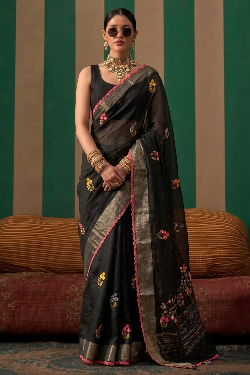 Black Linen Silk Saree Hand Embroidered Work, With Unstiched Blouse