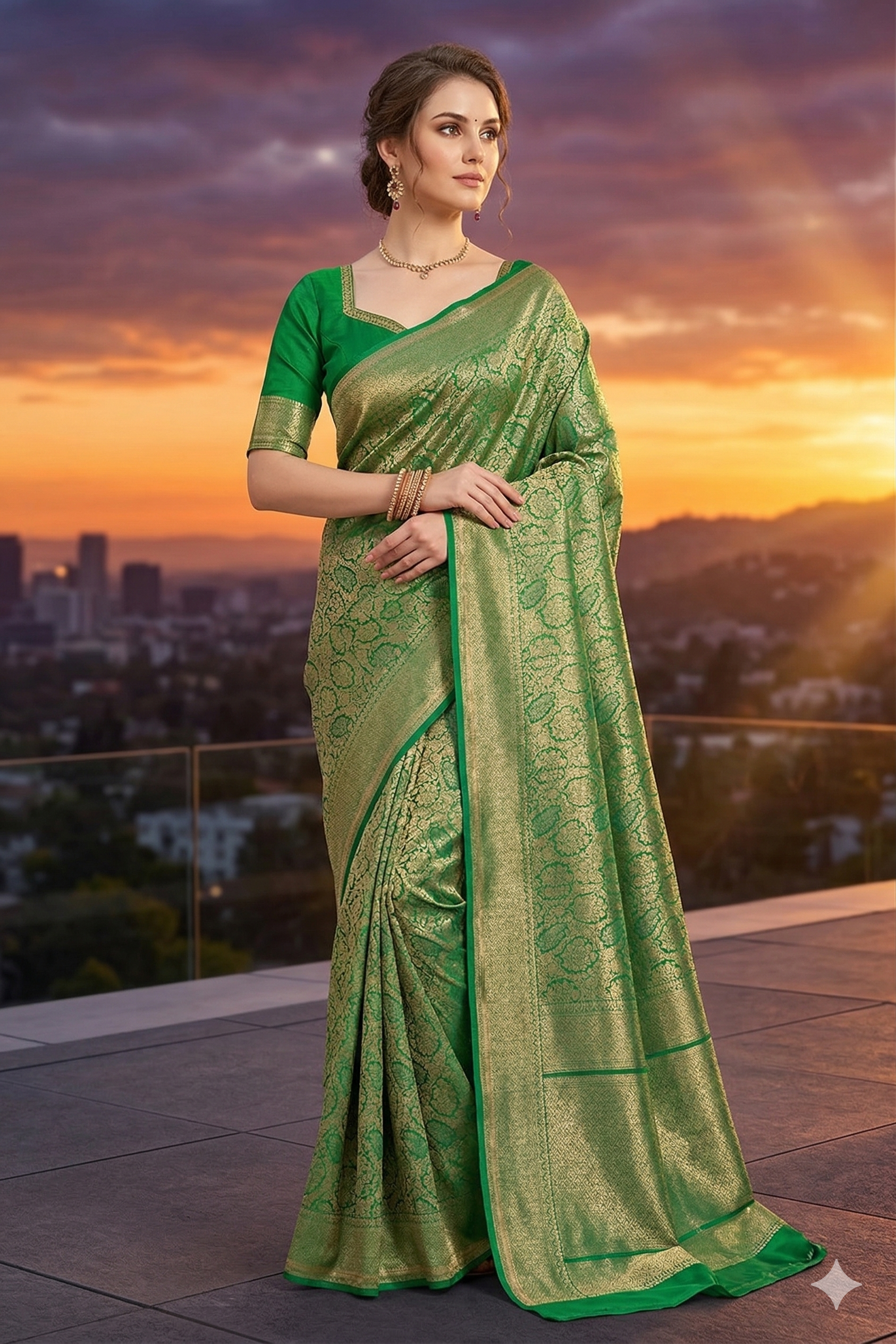 Deep green brocade crepe Khaddi silk saree with intricate patterns, paired with an unstitched blouse for elegant party wear.