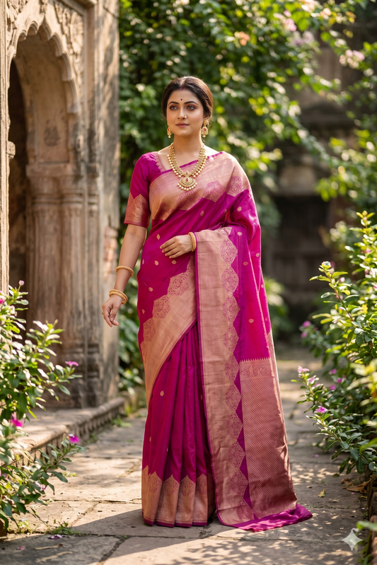 Magenta Pure Kanjeevaram Silk Saree, With Unstiched Blouse