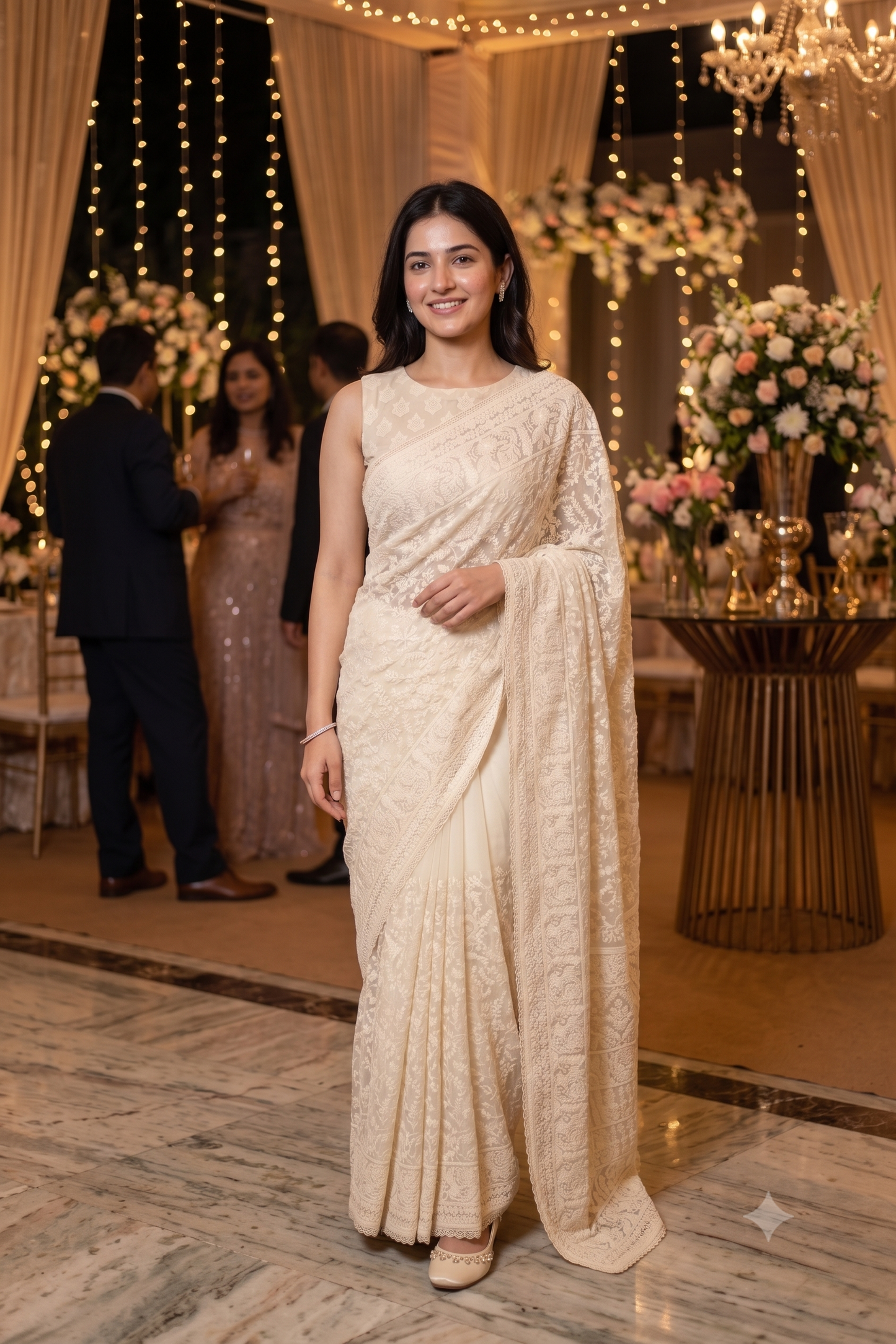 Off-White Georgette Saree With Chikankari Embroidery, Unstitched Blouse